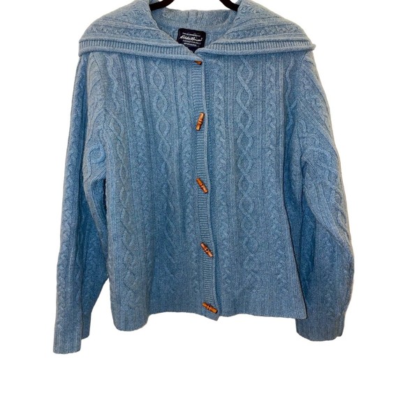 Eddie Bauer Women’s XL Blue Lamb's Wool Hooded Long Sleeve Cable knit Cardigan - Picture 11 of 12
